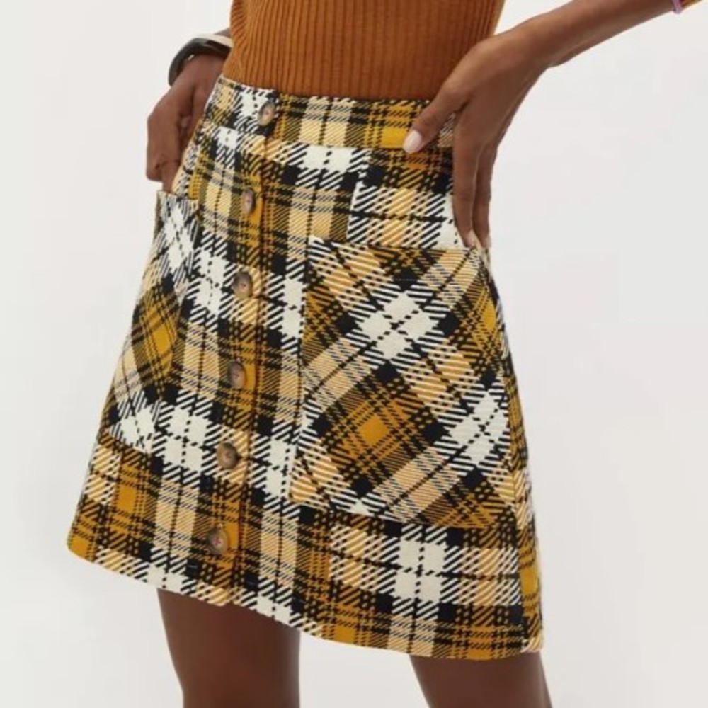 Maeve Anthropologie Yellow Plaid Button Mini Skirt - 2